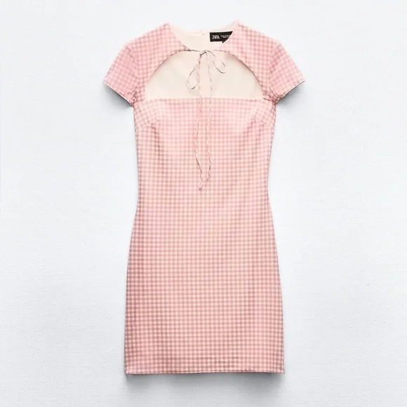 NEW Zara Tied White Pink Gingham Checkered Mini Dress XL L - Picture 7 of 9